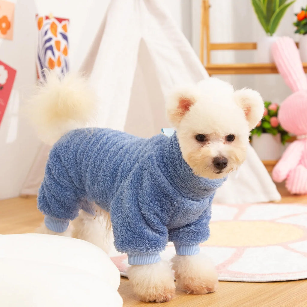 Double-sided thick plush dog clothing with high collar and towing ring in khaki colour