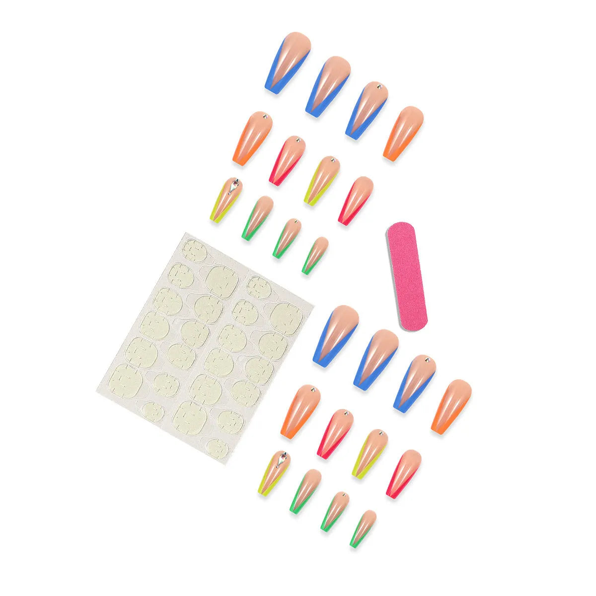 Diamond colour French false nail tips with red love heart and cross cartoon patterns.