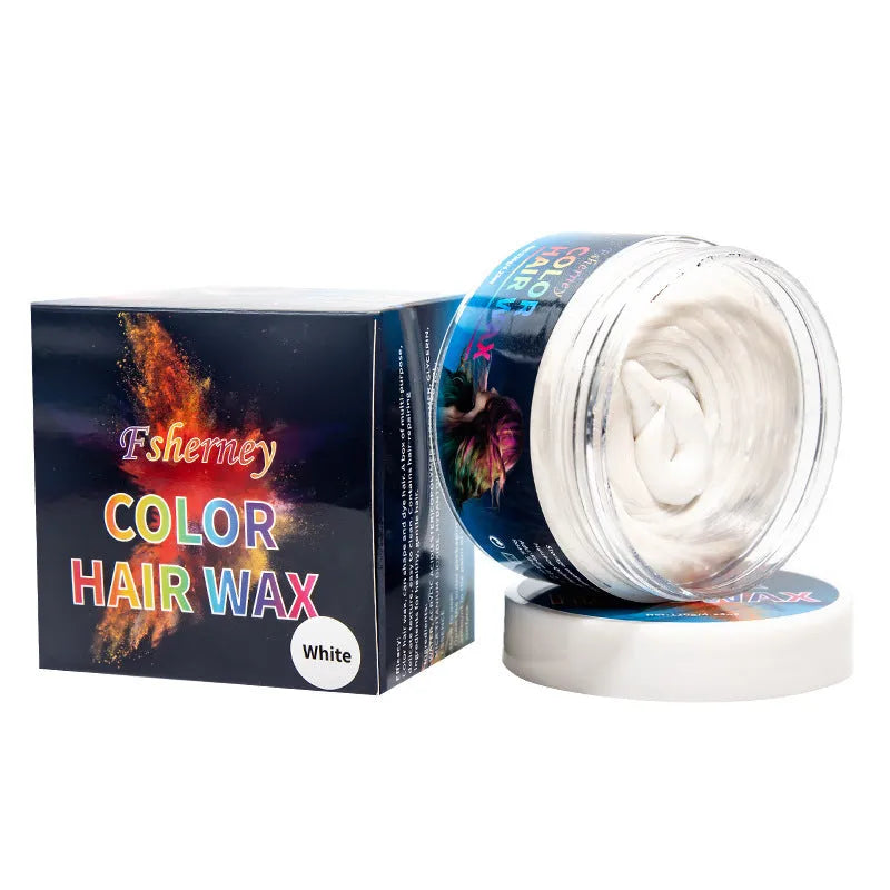 Jar of hair styling clay in one of nine colours: blue, green, purple, red, orange, yellow, white, rose red or granny grey.