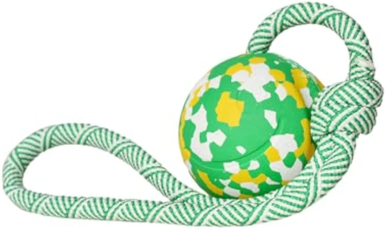 Natural rubber dog ball attached to a nylon rope for interactive fetch and tug-of-war play
