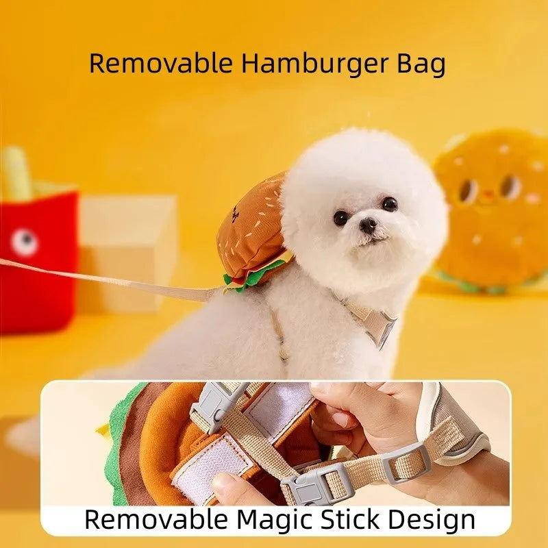Cartoon hamburger design adjustable escape-proof vest and leash set for cats and dogs on a grey background.