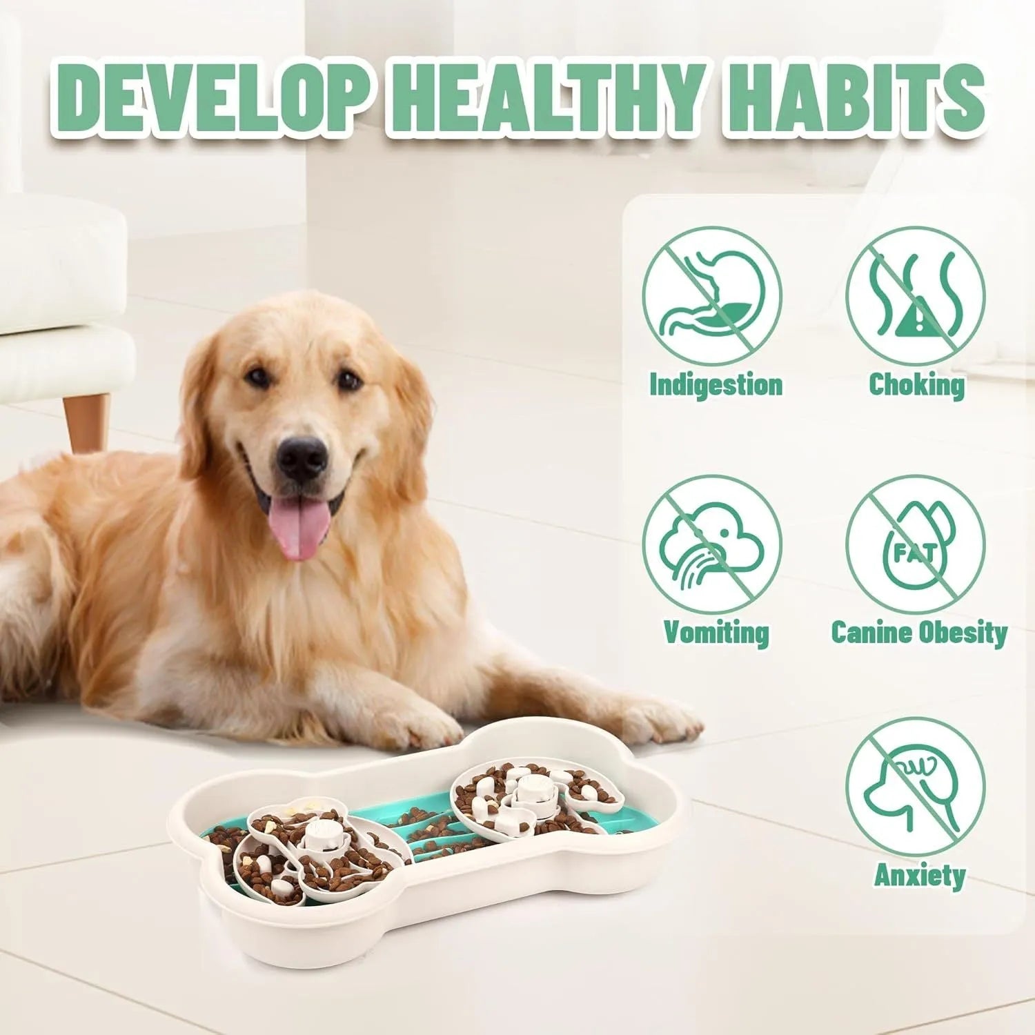Large green slow feeder dog bowl with wave pattern and grooves, featuring anti-slip suction cups on base.