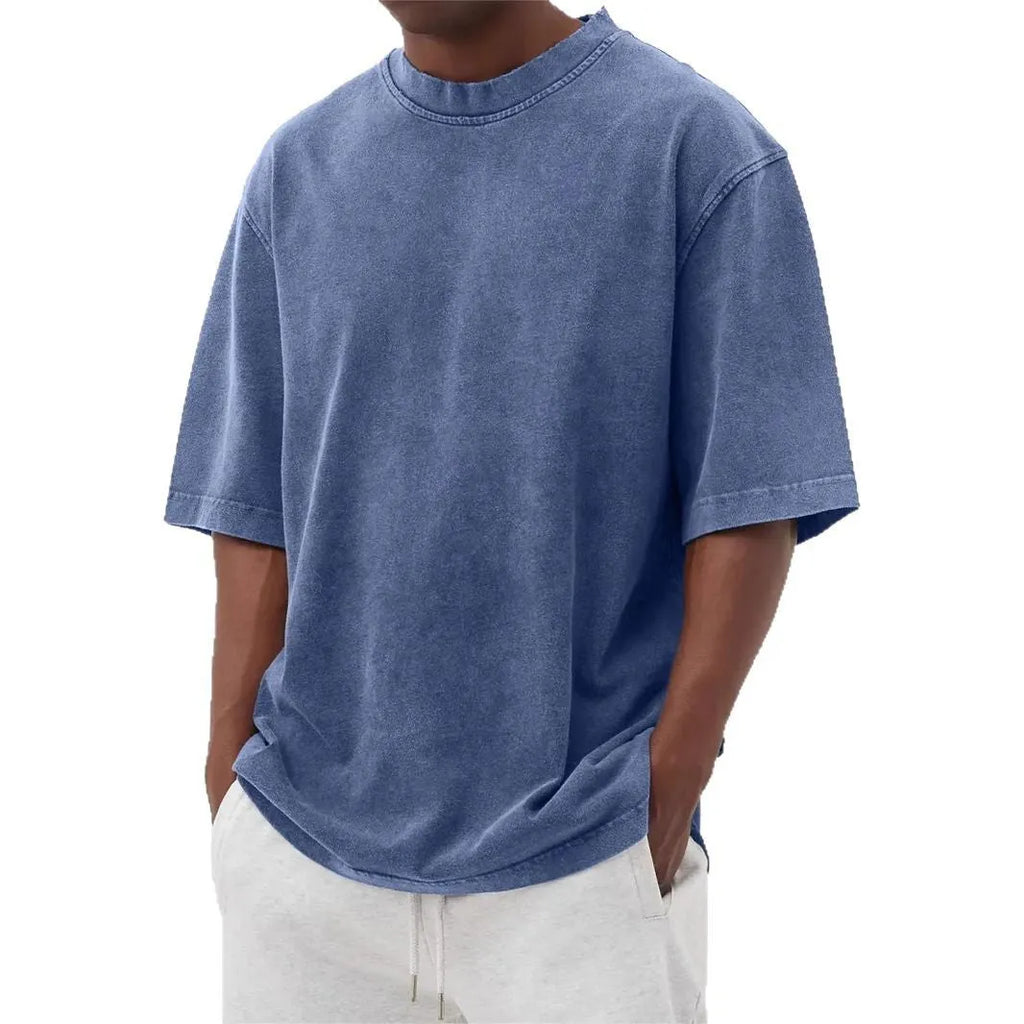 Men's stone washed distressed t-shirt in loose fit with half sleeves available in multiple colours