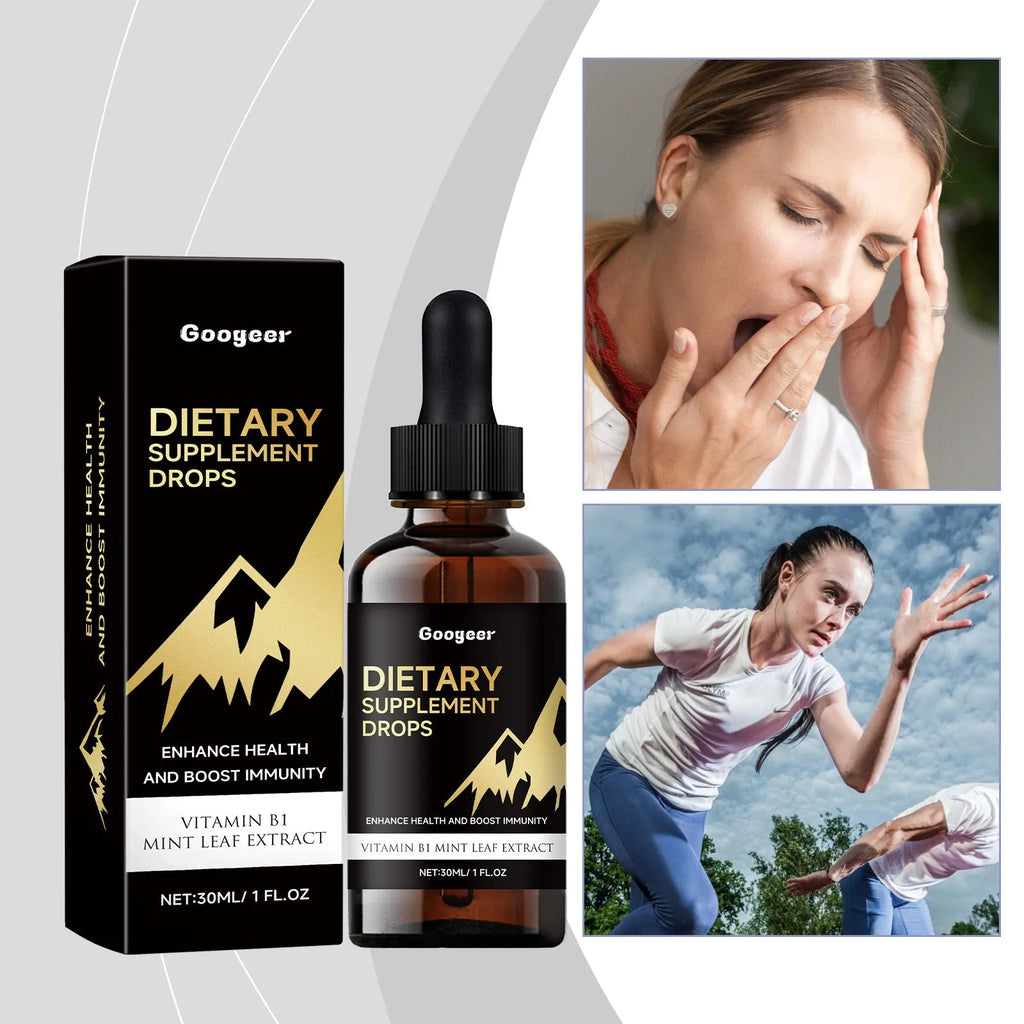 Bottle of clear liquid dietary supplement drops with a black dropper lid for precise dosing.