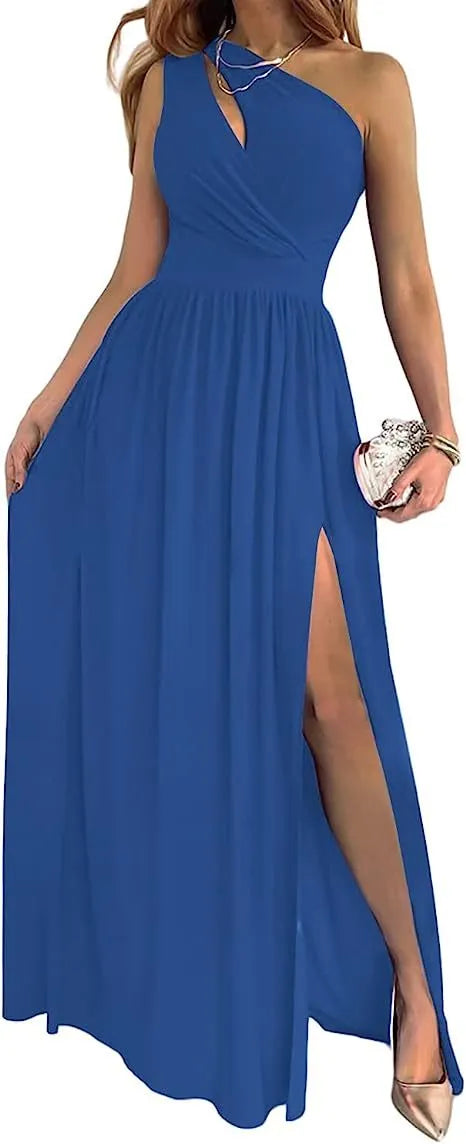 Apricot one shoulder maxi dress with high split and cutout detail on a mannequin