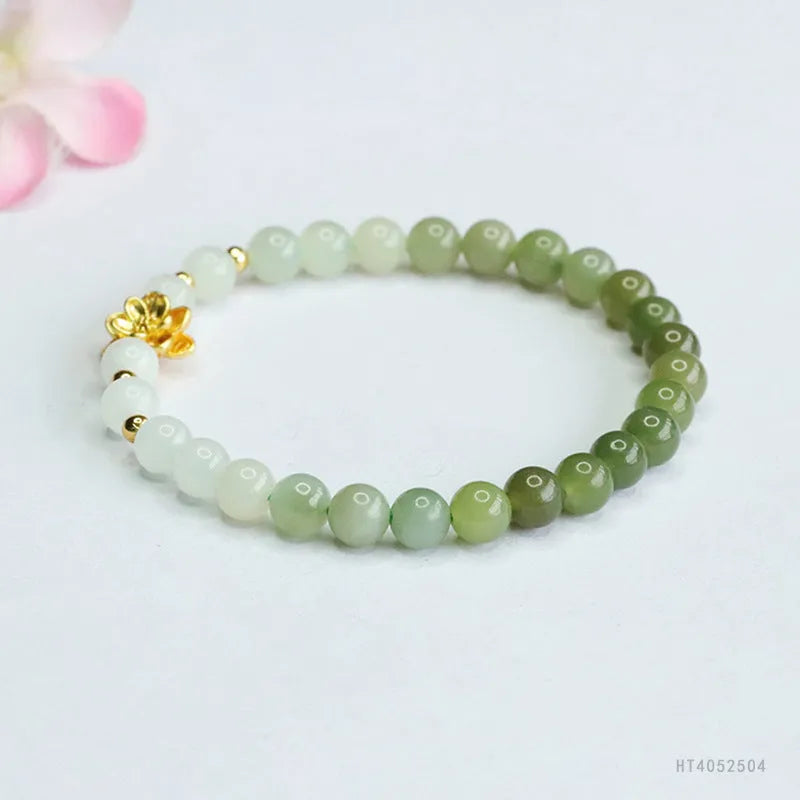 Ancient style Hetian jade bracelet with sunshine water gradient colour and flower-shaped beads