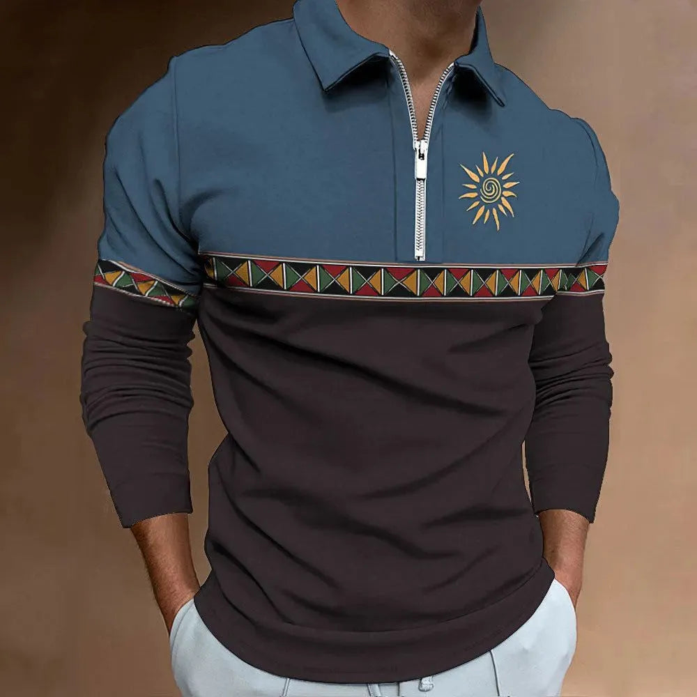 Men's loose fit long sleeve t-shirt with retro colour printing and stripes in golf top style