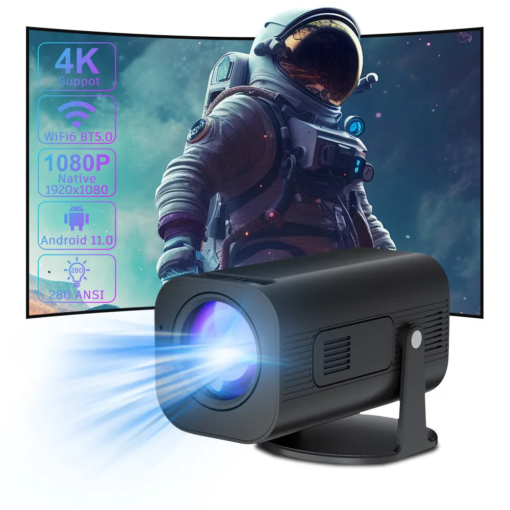 P330 portable mini projector in black or white with remote control on a table