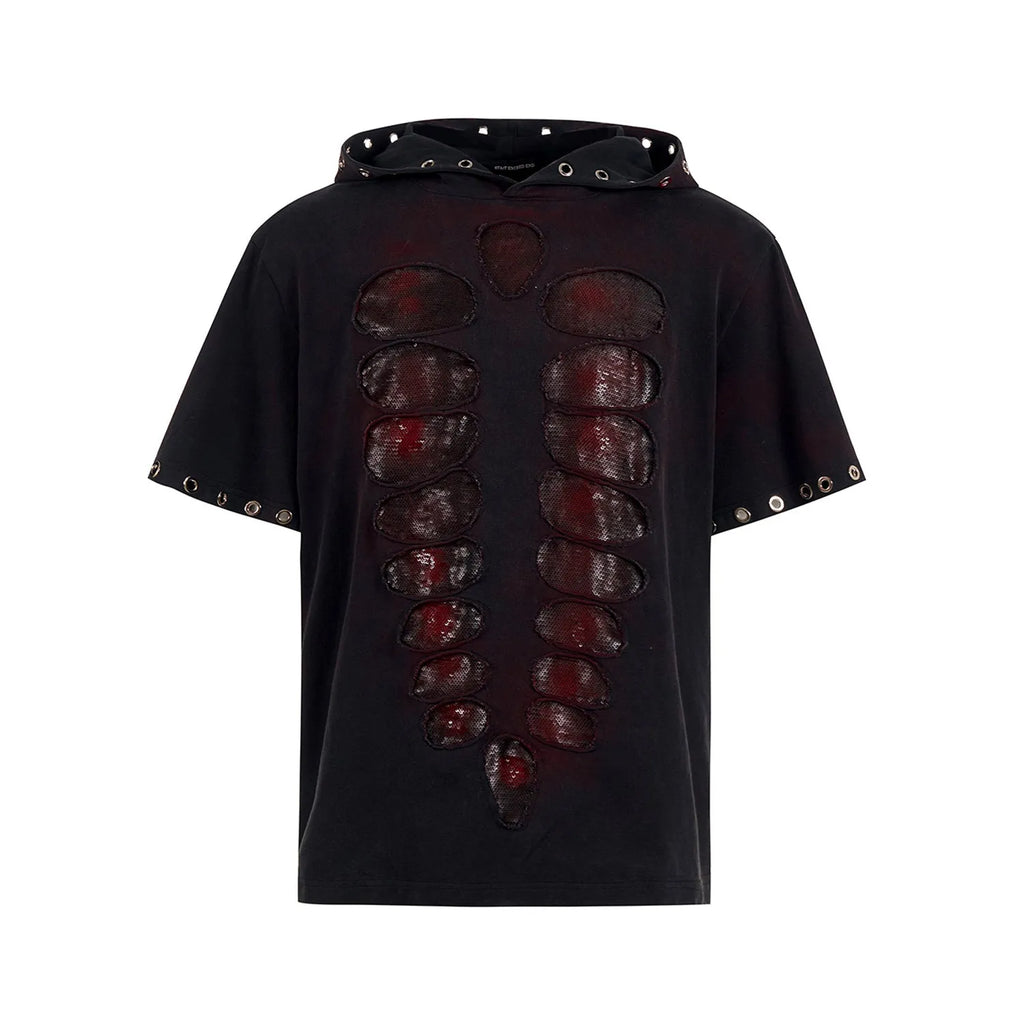 Black men's loose-fit hooded T-shirt with short sleeves and sequin decoration.