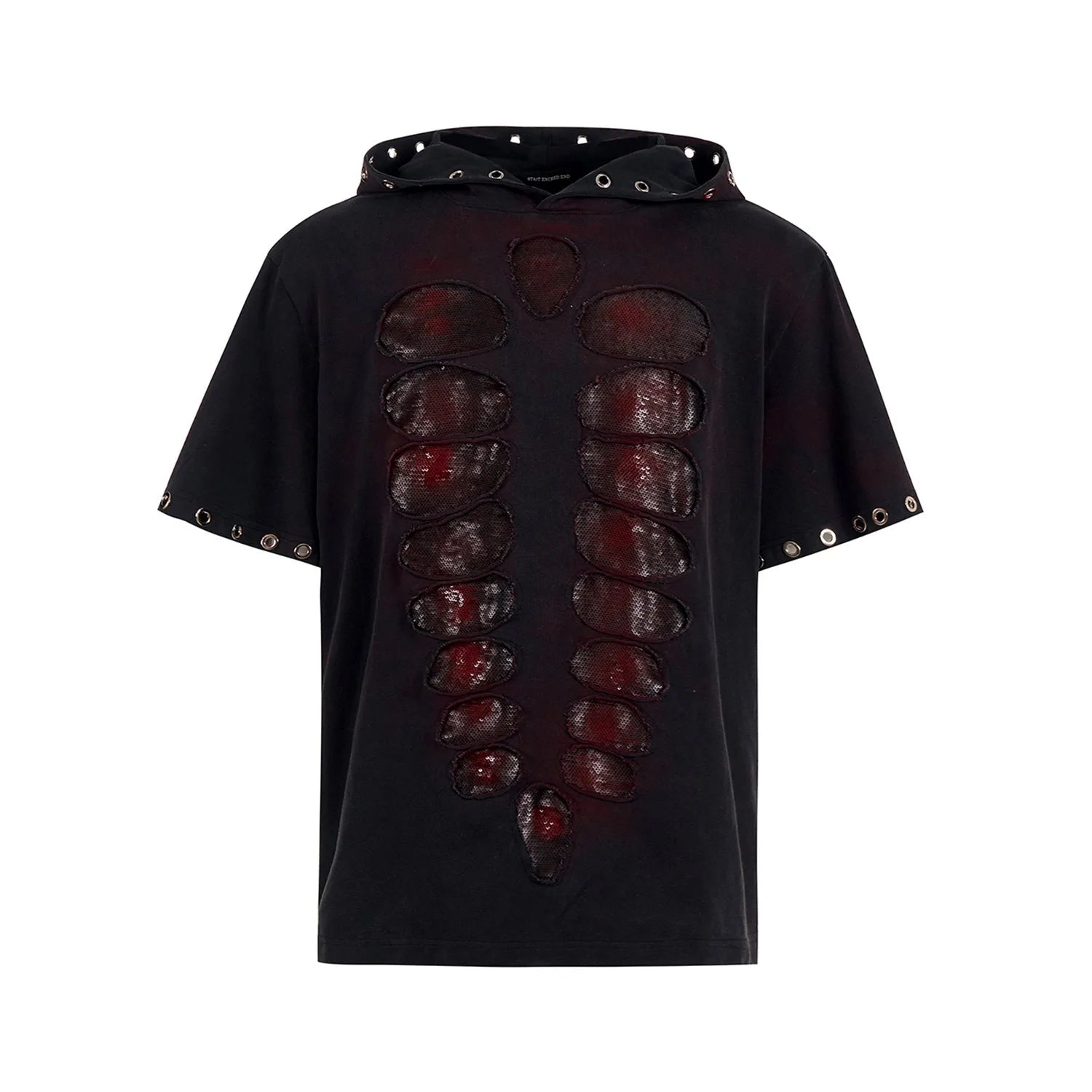 Black men's loose-fit hooded T-shirt with short sleeves and sequin decoration.