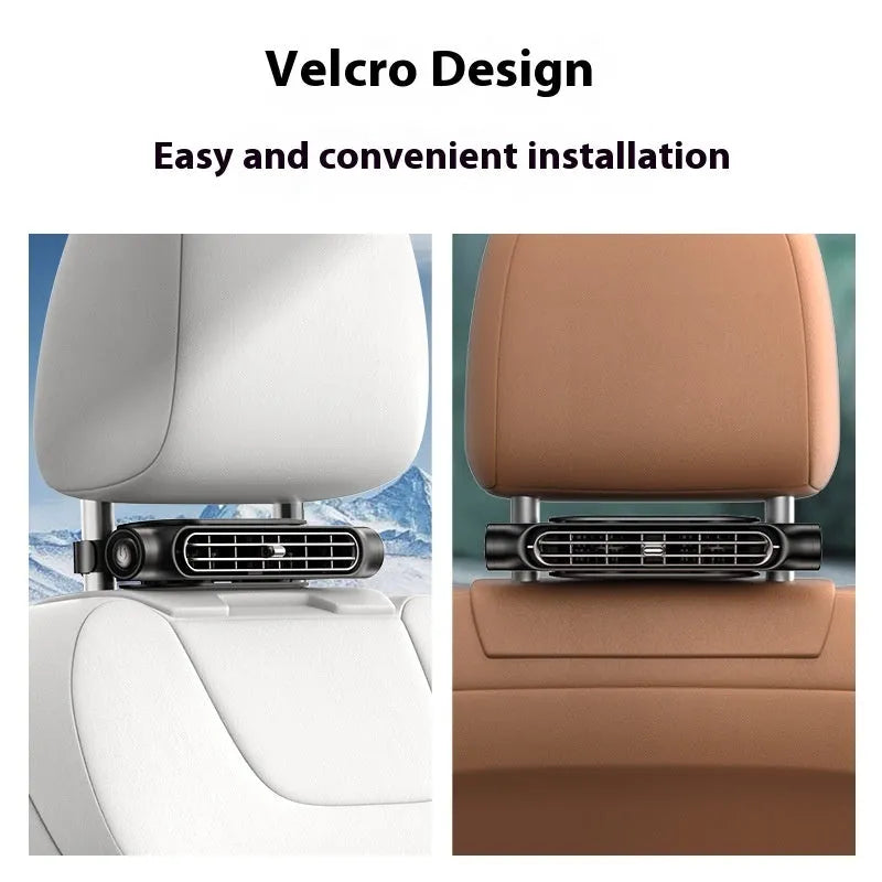 USB car fan with velcro strips mounted on a car seat, showing the no-blade design and control button.