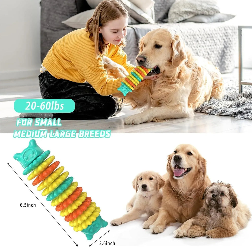 Blue natural rubber caterpillar-shaped chew toy for dogs on a plain background.