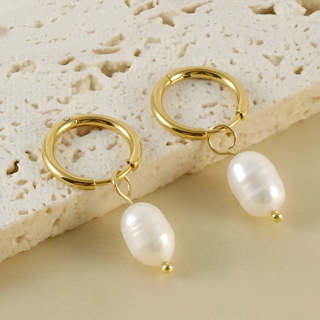 Geometric gold pearl earrings with stainless steel and titanium steel construction for women
