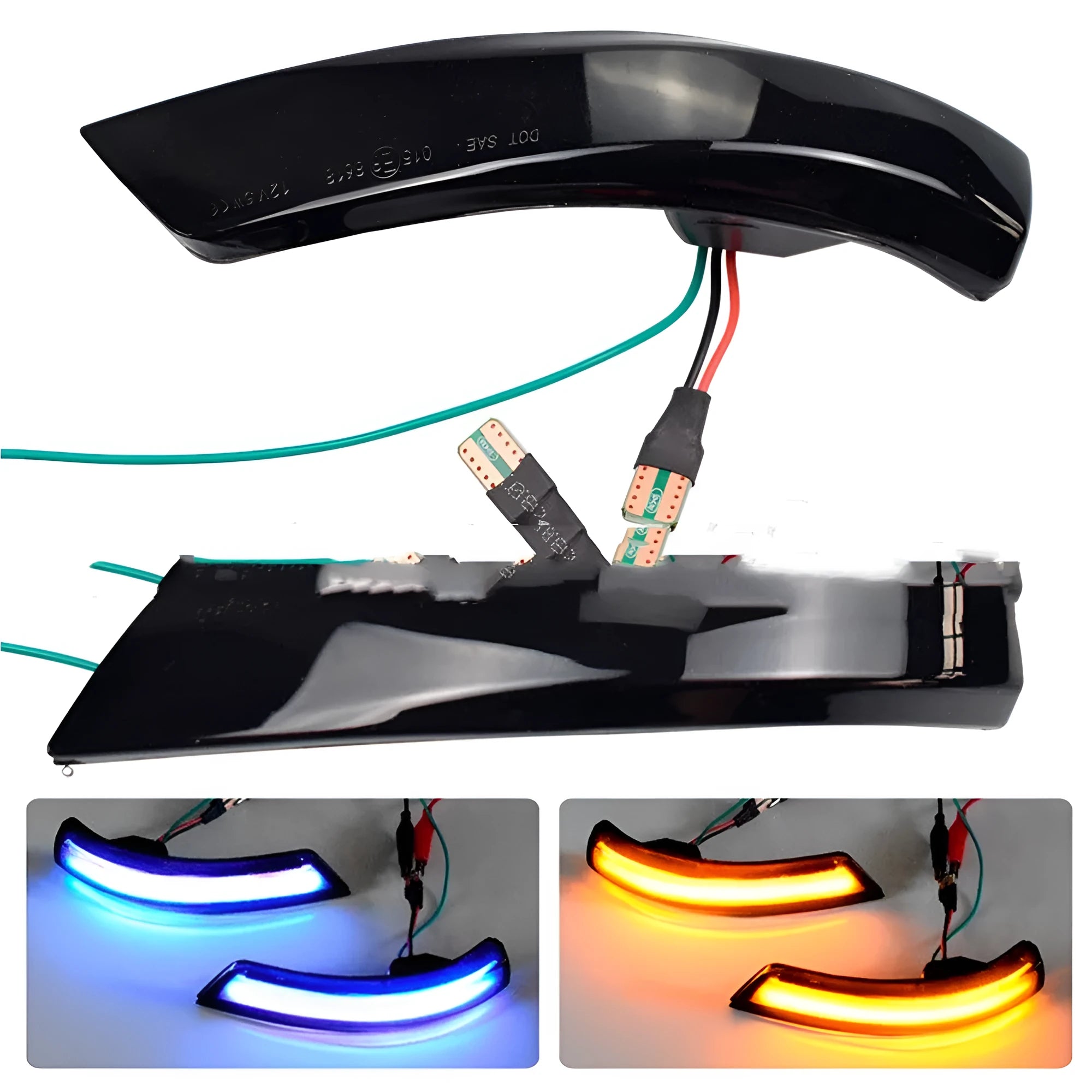 Ford Focus and Mondeo rearview mirror waterfall light in ABS plastic with blue and yellow LED options.