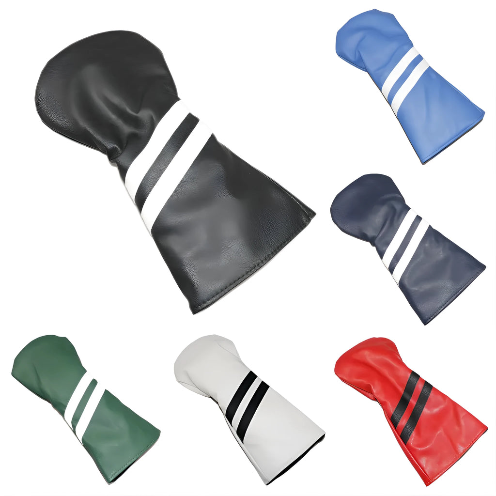 Golf club head cover with two diagonal stripes in PU material showing size and colour options