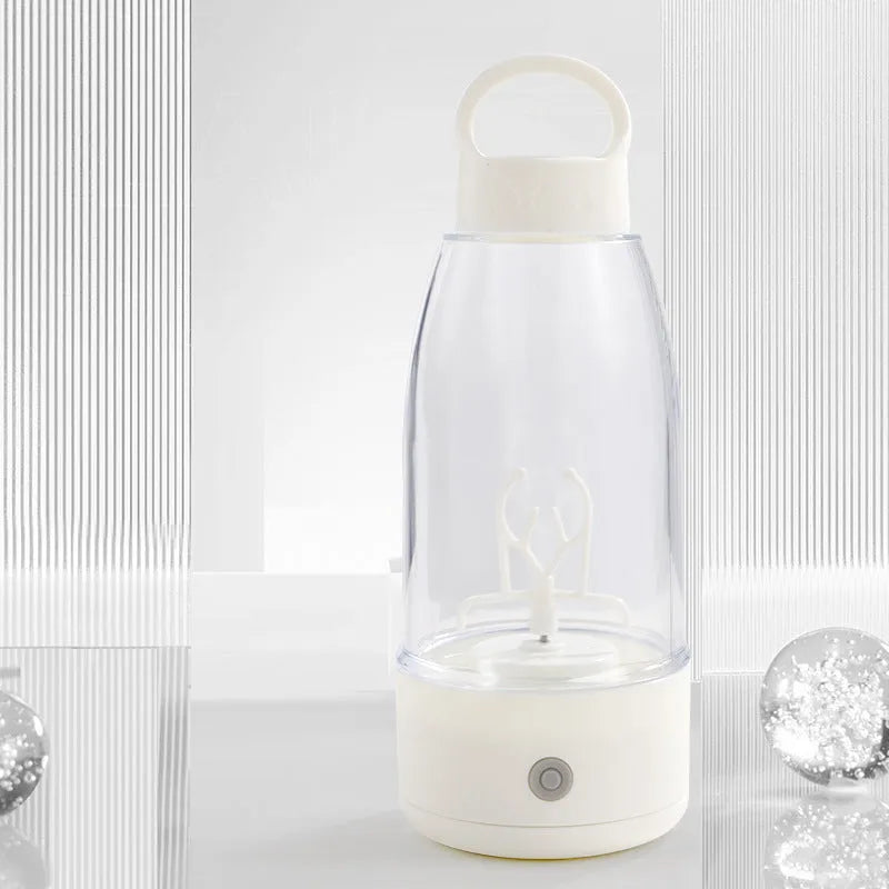Automatic electric shaker bottle in green, pink, or white with USB charging port and carry handle.