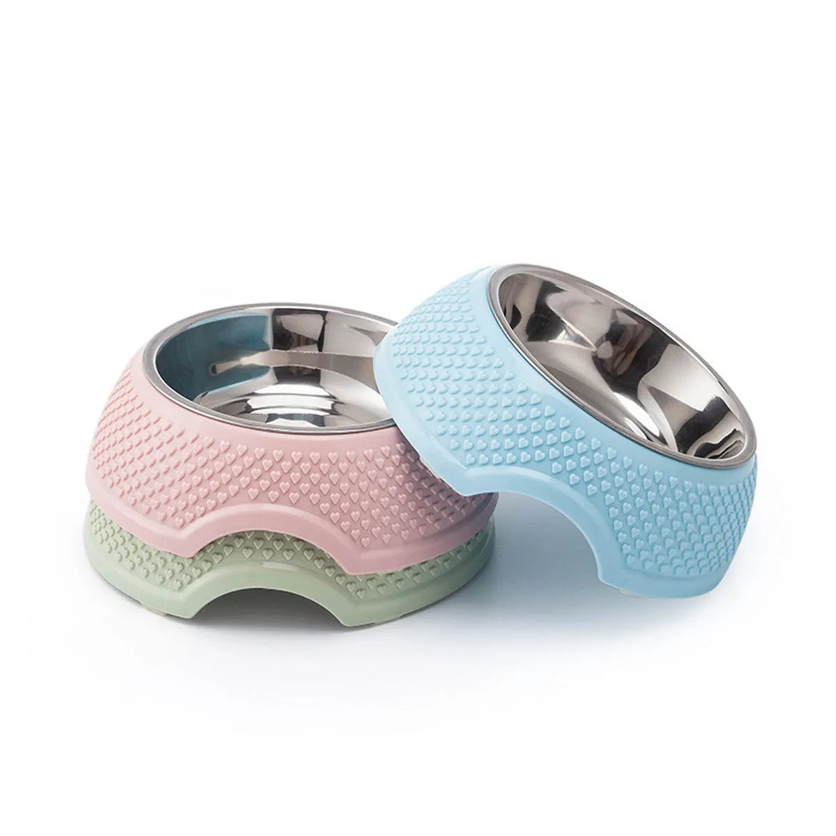 Stainless steel pet bowl with non-slip base in blue, green, and pink colour options