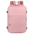 Purple women's travel backpack with multiple compartments and air pillow belt system