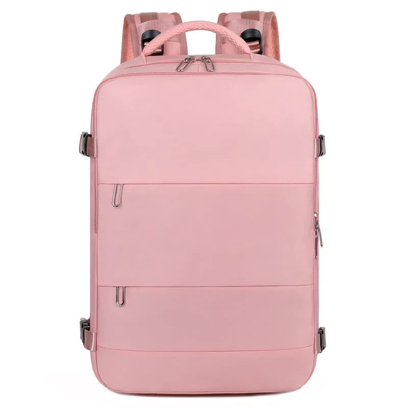 Purple women's travel backpack with multiple compartments and air pillow belt system