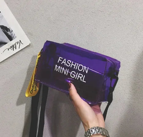 Transparent square jelly shoulder bag in various colours with adjustable strap and phone compartment