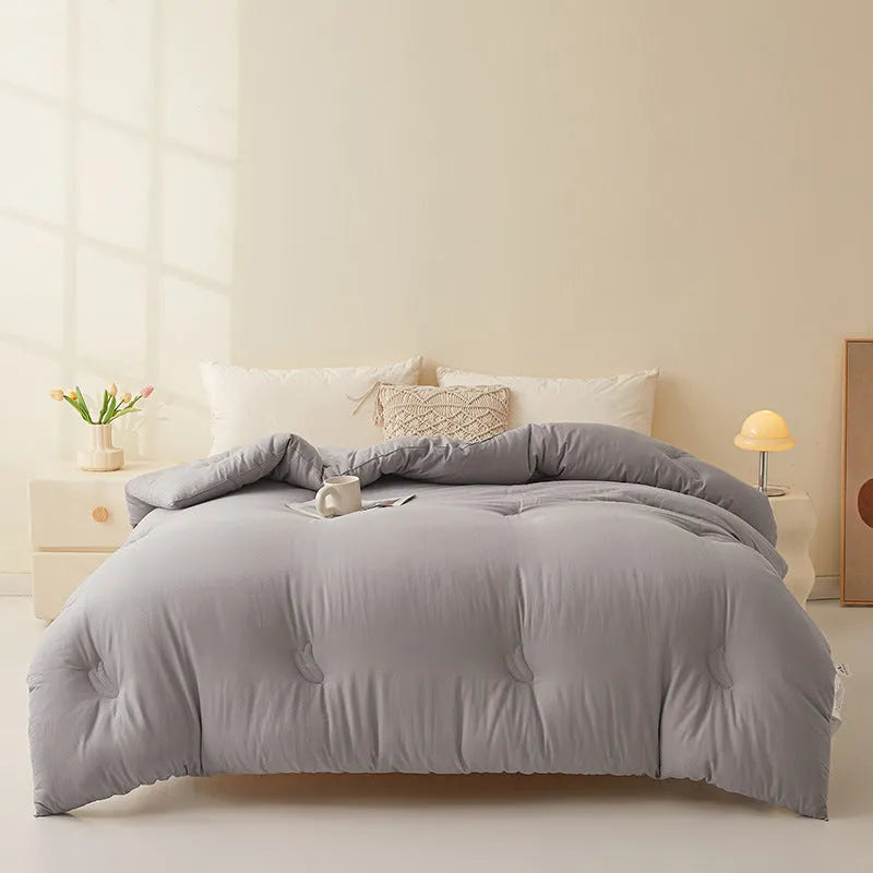 Soybean fibre pure cotton quilt in grey colour showing twill weave texture and zipper connection detail