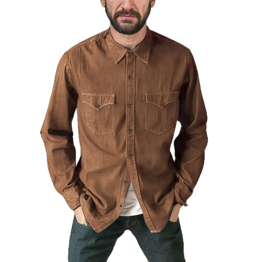 Cotton denim cardigan coat shown in khaki, available in multiple sizes from S to 3XL