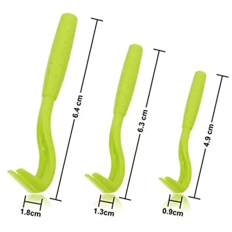 Three plastic tick removal hooks for pets in blue and green colours