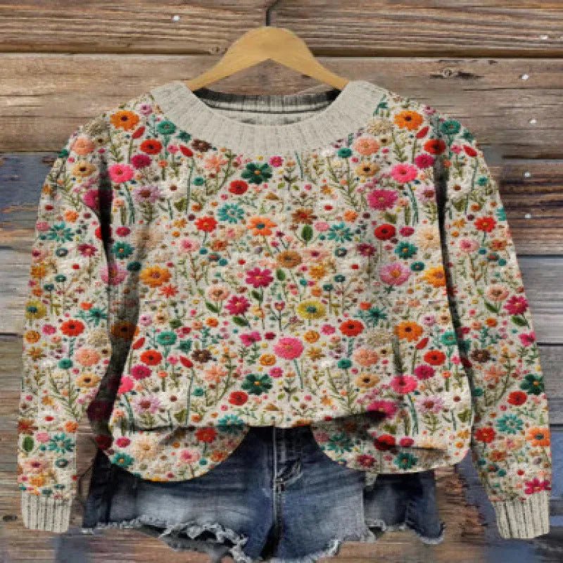 Women's floral digital printed round neck sweater in polyester fabric showing small flower pattern