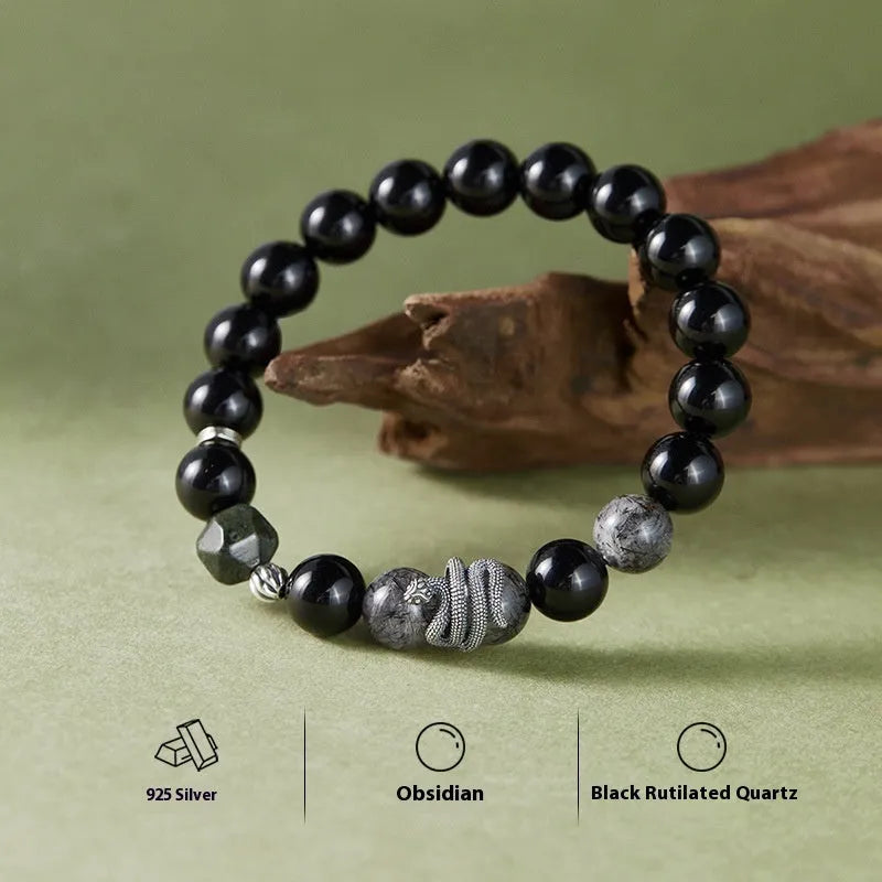 Men's black S925 sterling silver bracelet with 10mm obsidian stone and retro snake design