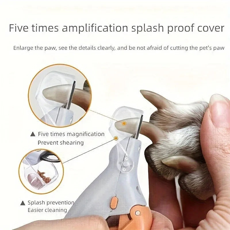 Yellow LED pet nail trimmer with magnifying glass for cats and dogs showing cutting blades and light features