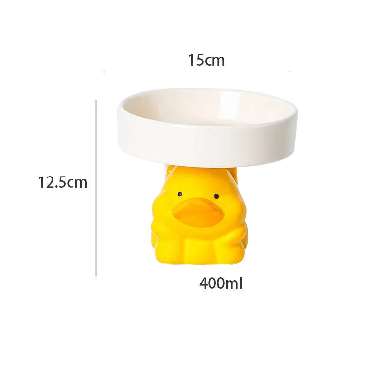 Raised ceramic cat bowl with animal theme design in pink, yellow, or white.