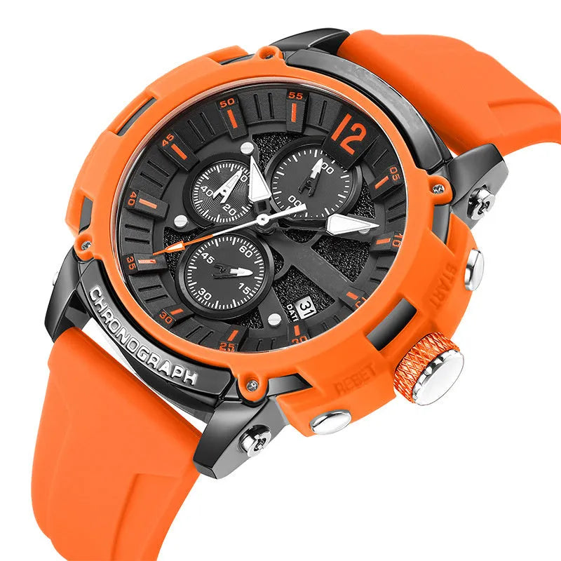 Men's digital watch with luminous display showing time and calendar, waterproof to 30M