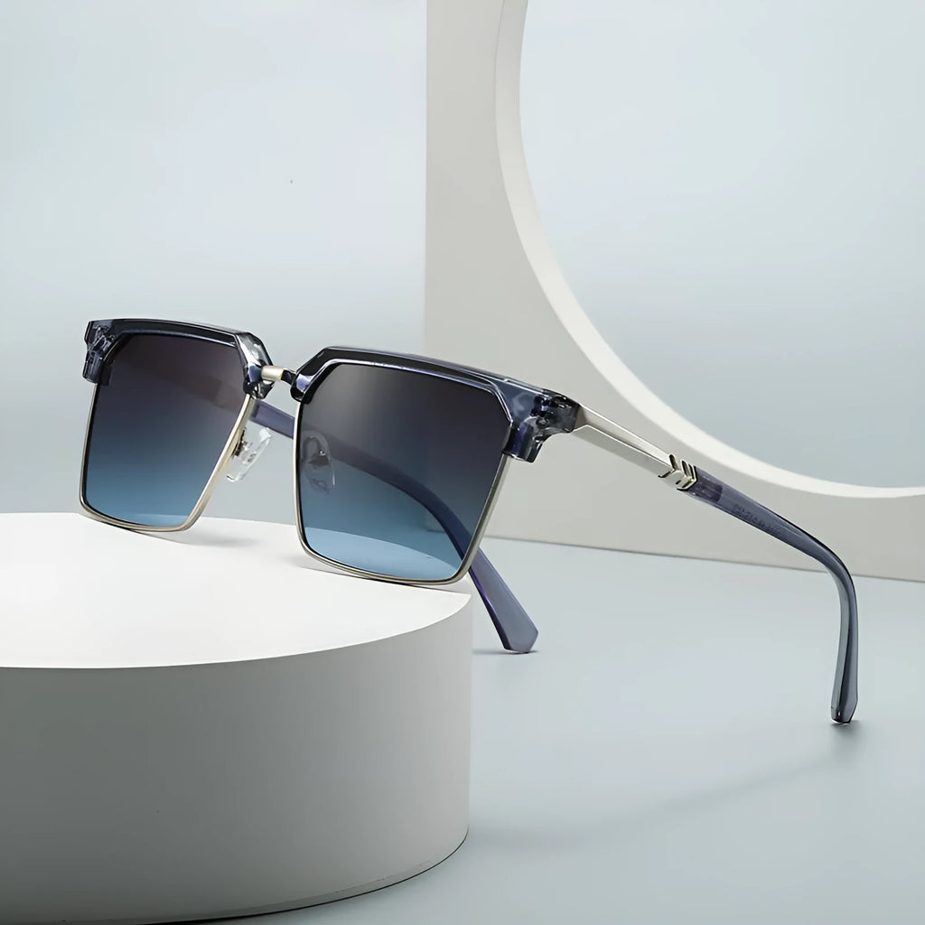 Men's square sunglasses with plastic frame showing six available colour combinations