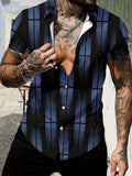 Men's geometric line pattern print shirt with lapel collar and short sleeves in slim fit