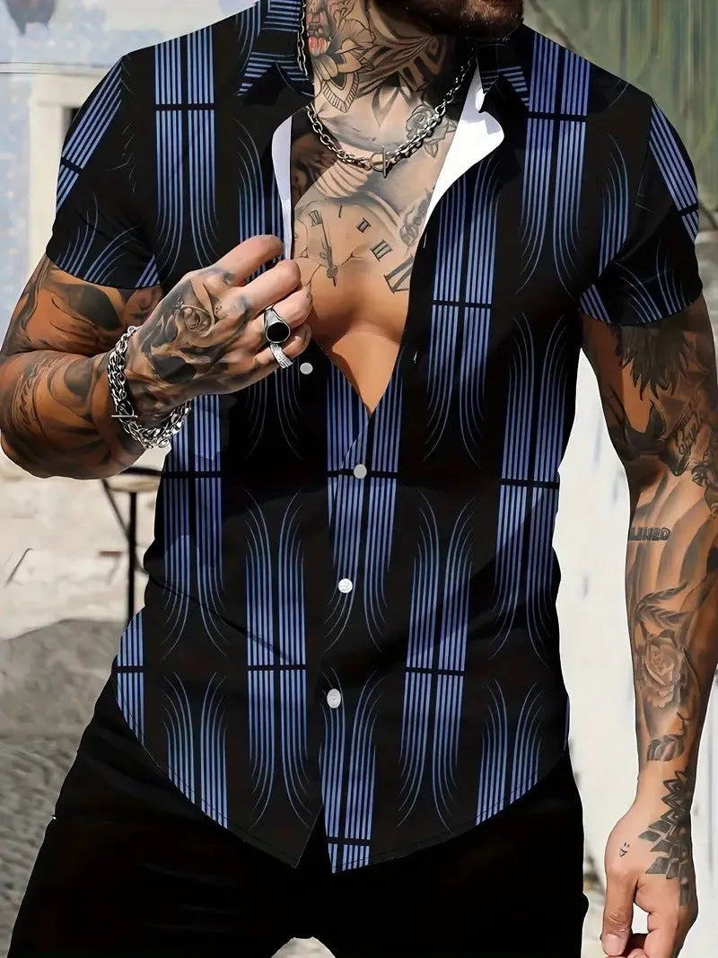 Men's geometric line pattern print shirt with lapel collar and short sleeves in slim fit