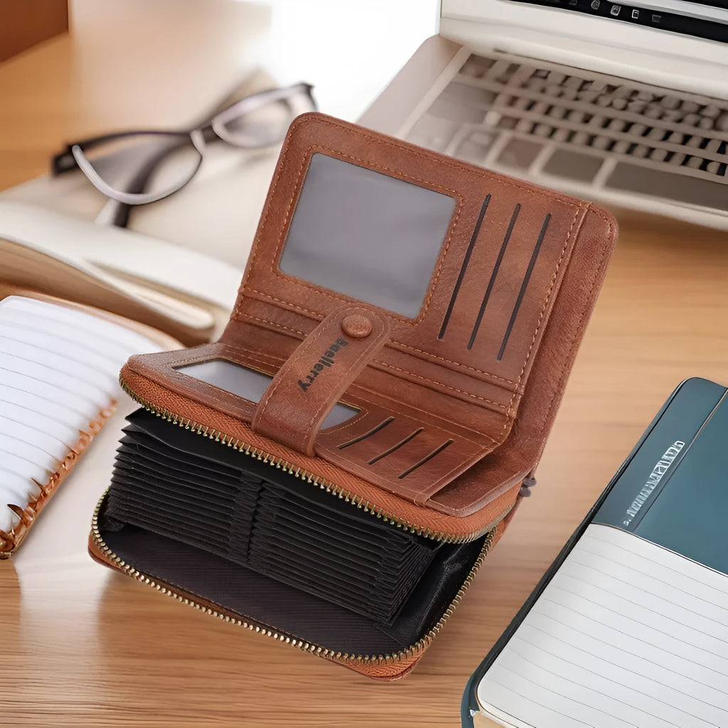 Women's black PU leather zip coin purse with an integrated card slot, shown closed.