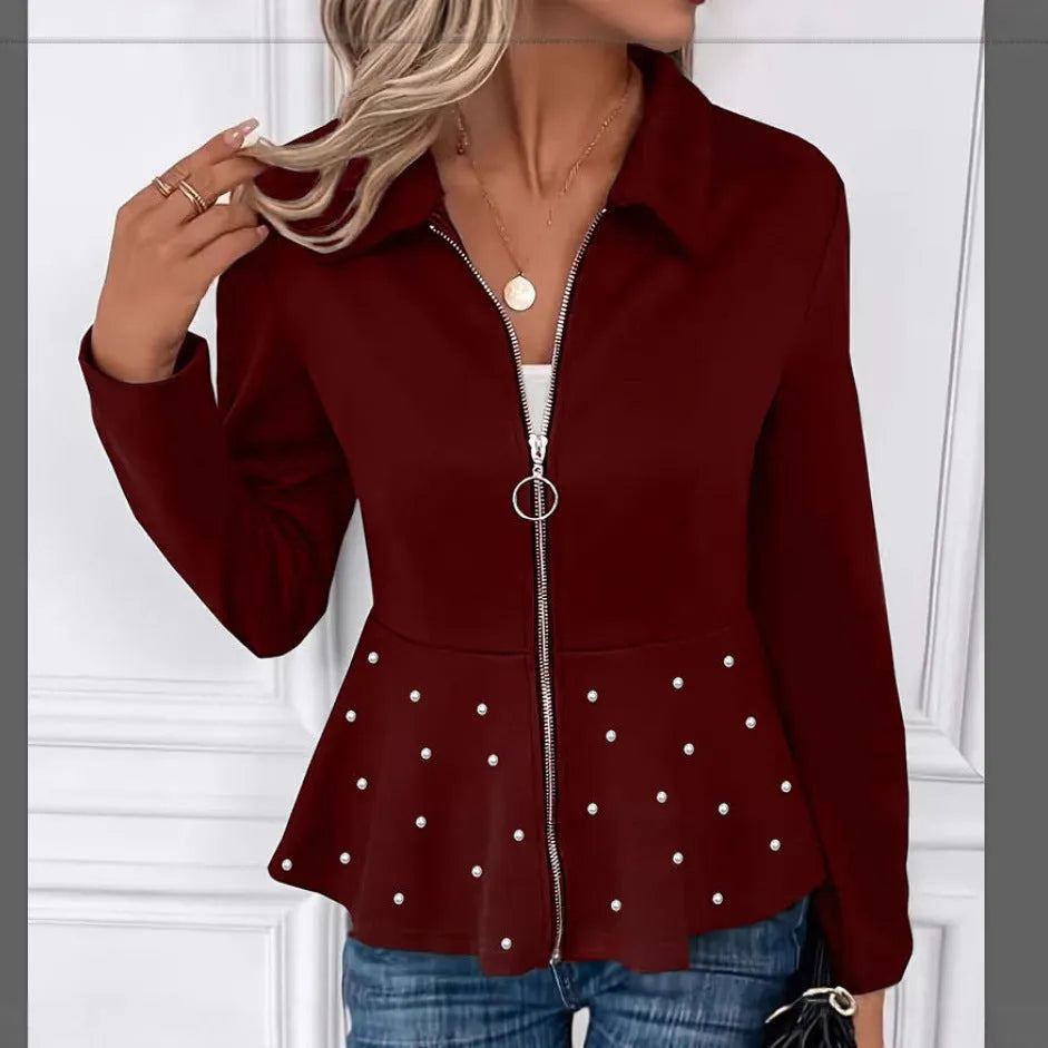 Women's loose fit coat with beaded heavy-duty zipper and ruffled hem in spandex fabric