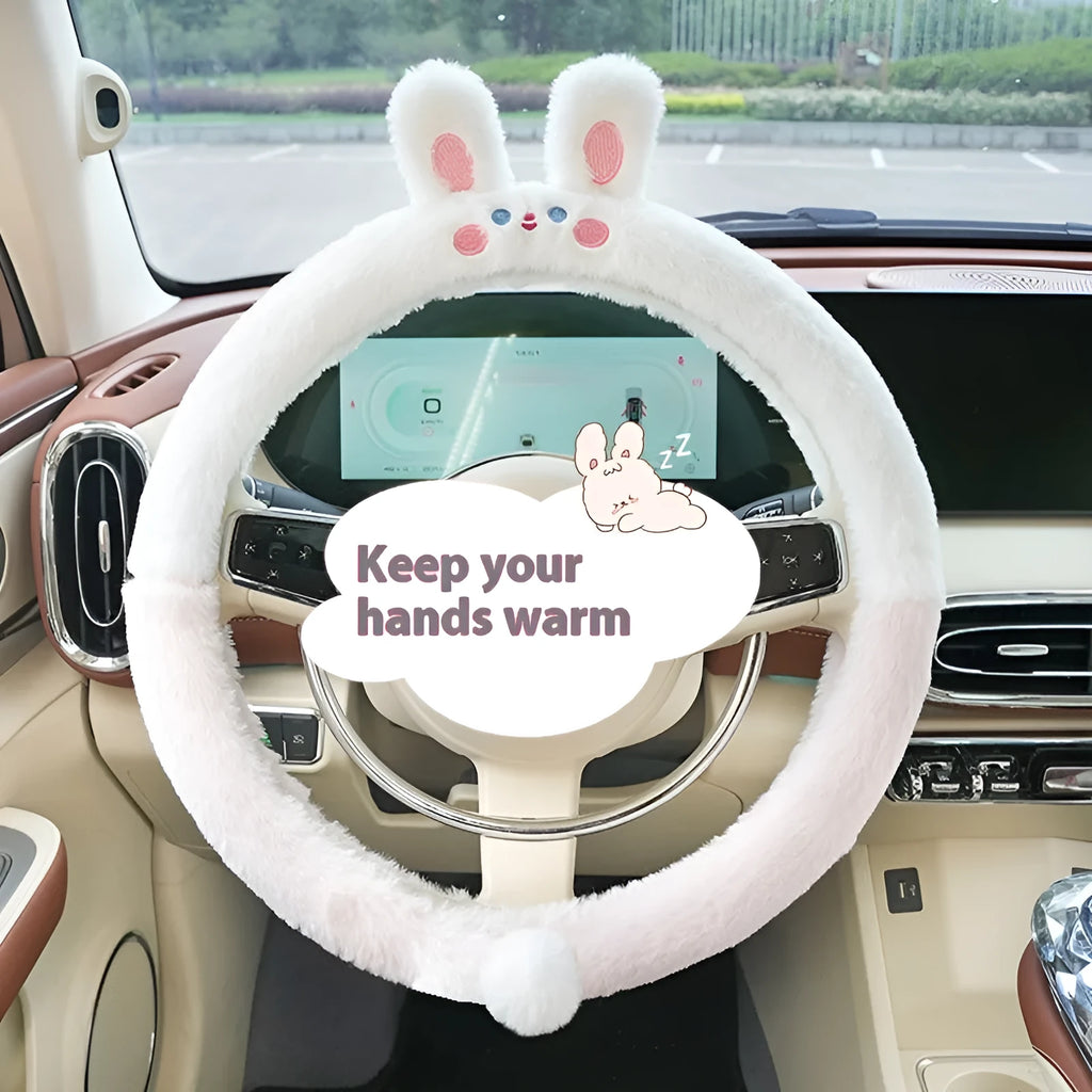 Plush thermal car steering wheel cover with rabbit fur embroidered animal design, 38cm diameter