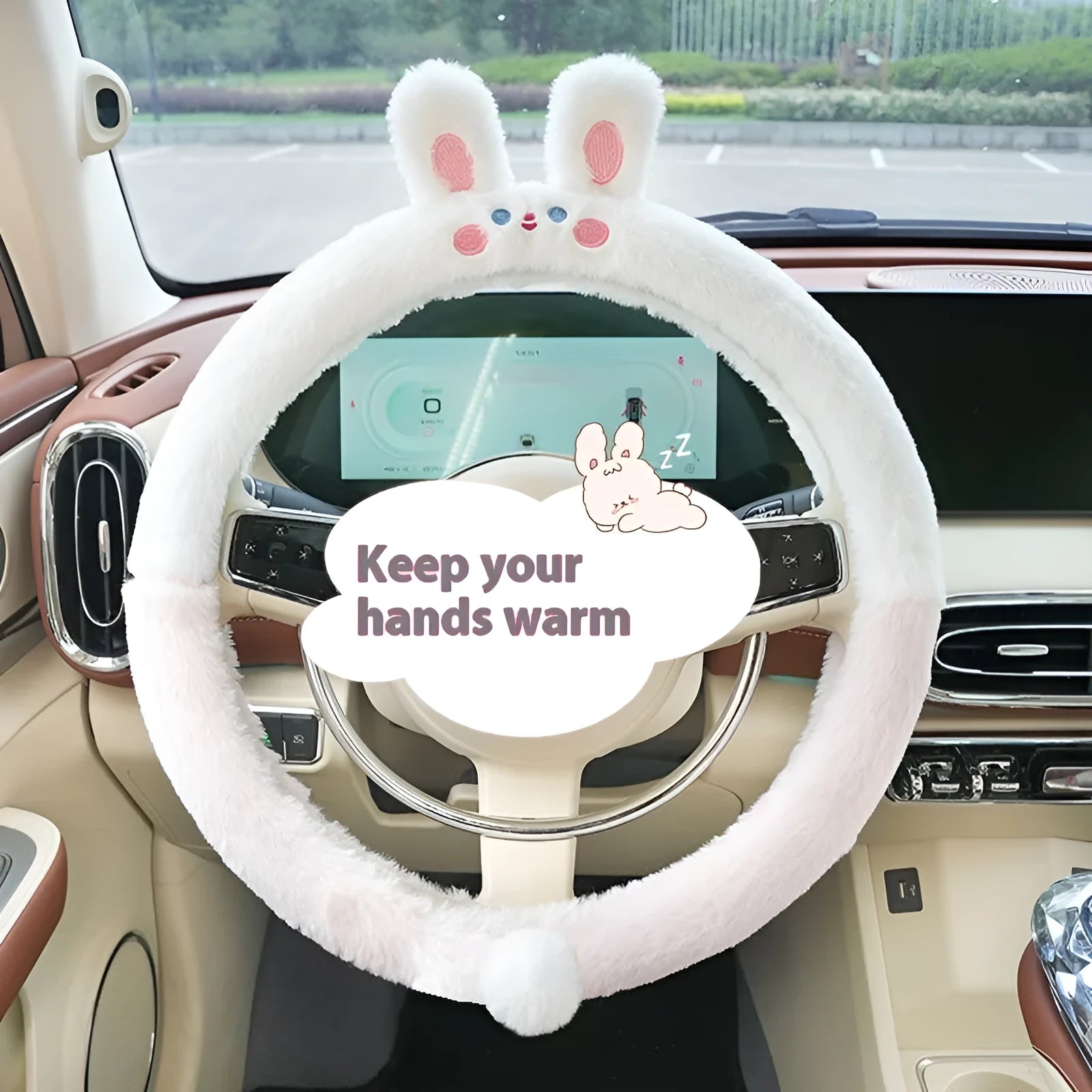 Plush thermal car steering wheel cover with rabbit fur embroidered animal design, 38cm diameter