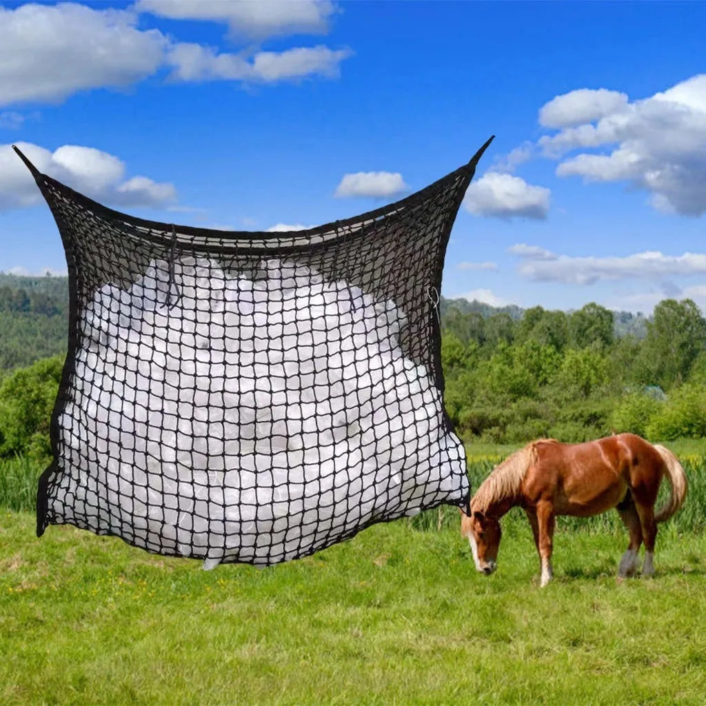 Woven PE rope feeding bag with grid design for horses and cattle in agricultural setting