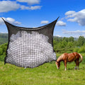 Woven PE rope feeding bag with grid design for horses and cattle in agricultural setting