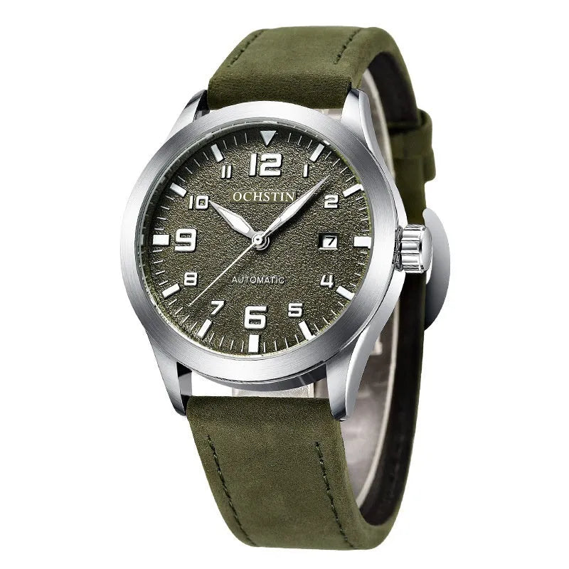 Men's retro automatic watch with leather strap and stainless steel case showing four dial colour variations