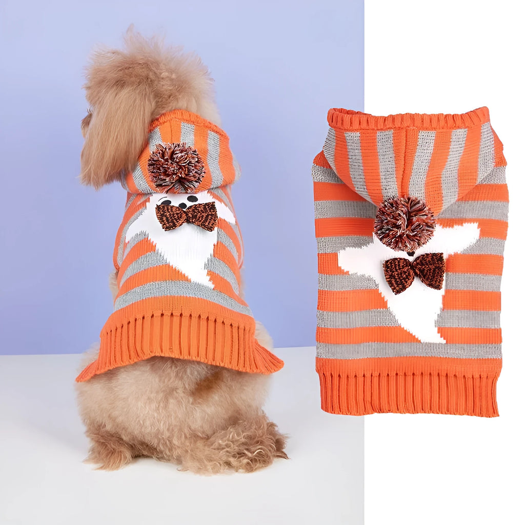 Orange striped hooded pet sweater with fur ball trim on a mannequin, sizes XS to L.