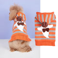 Orange striped hooded pet sweater with fur ball trim on a mannequin, sizes XS to L.