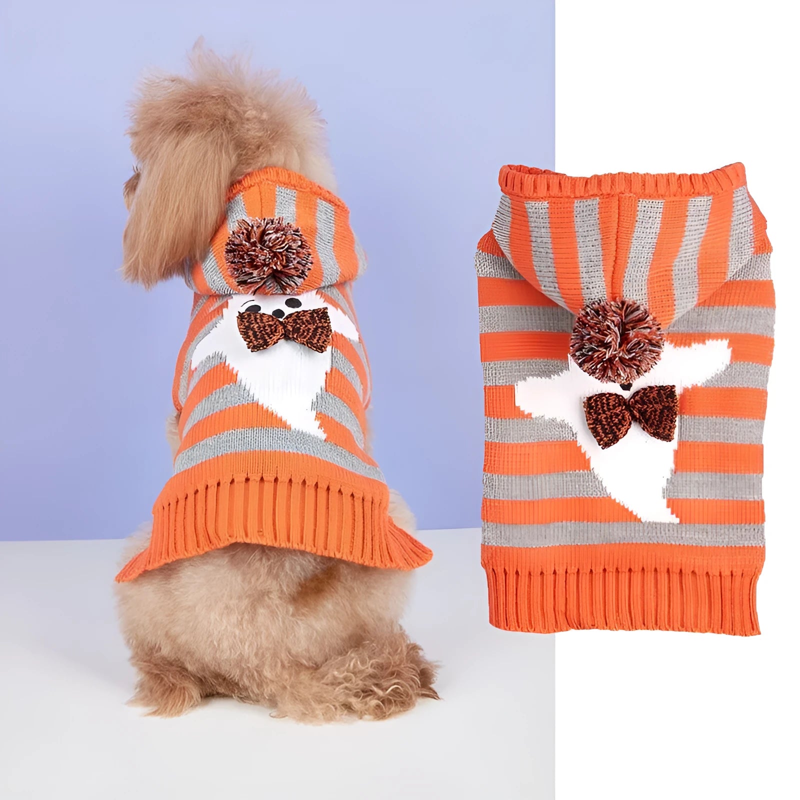 Orange striped hooded pet sweater with fur ball trim on a mannequin, sizes XS to L.