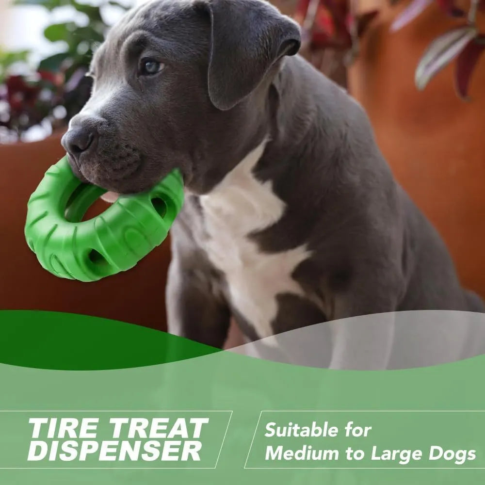 Blue natural rubber tyre-shaped dog chew toy and slow feeder with six oval openings.