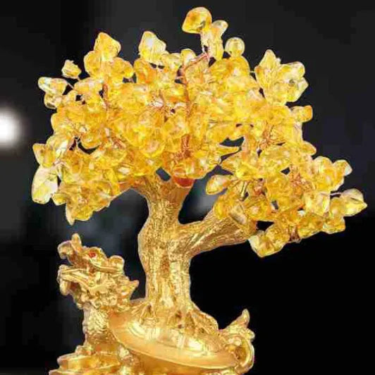 Citrine-coloured resin Feng Shui money tree ornament with small water turtle modelling