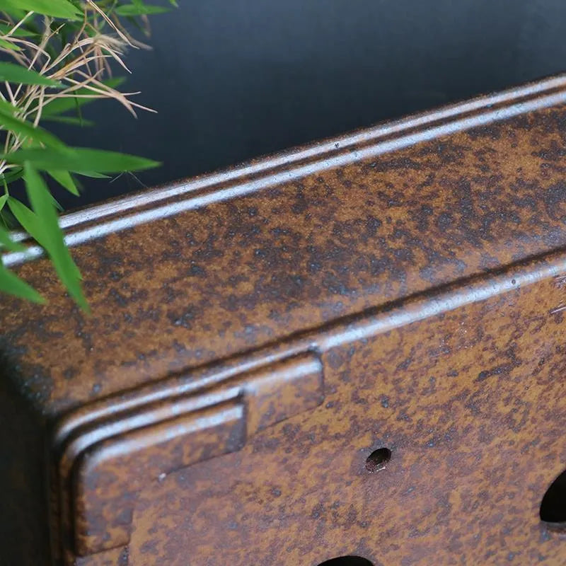 Purple sand rectangular bonsai pot with firewood burning decoration and five-line basin design