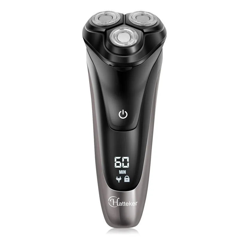Rechargeable electric shaver for men with three floating heads and a pop-up sideburn trimmer on a stand.
