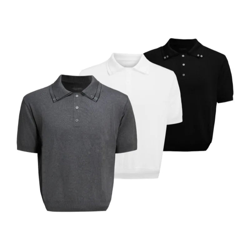 Men's double collar polyester short sleeve shirt in black with loose fit and fastener decoration
